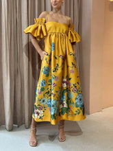 Marigold bedrucktes A-Linien-Midikleid mit gerafften Ärmeln und Taschen